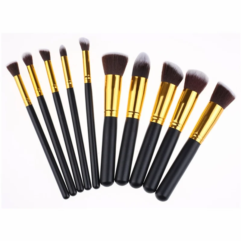 10Pcs Makeup Brush Set Foundation Blending Premium Synthetic Blush Eye Face Brushes Makeup Tool - Gold Color / Black