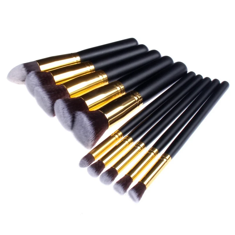10Pcs Makeup Brush Set Foundation Blending Premium Synthetic Blush Eye Face Brushes Makeup Tool - Gold Color / Black