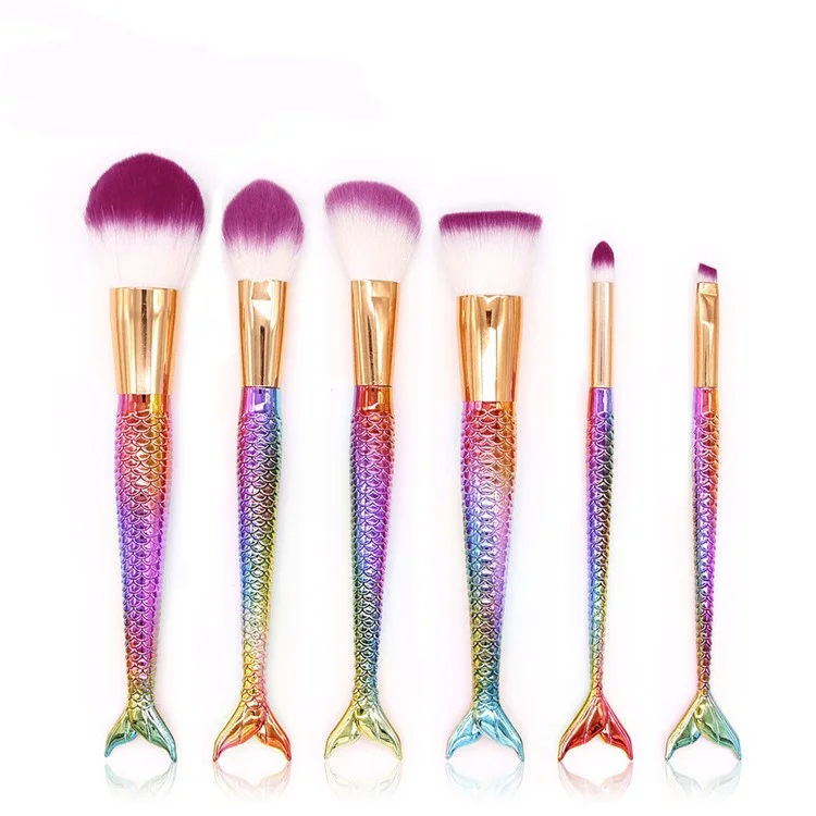 6Pcs Mermaid Cosmetic Brush Set Foundation Blending Blush Eyeliner Face Powder Brush Beauty Tools - Mixture