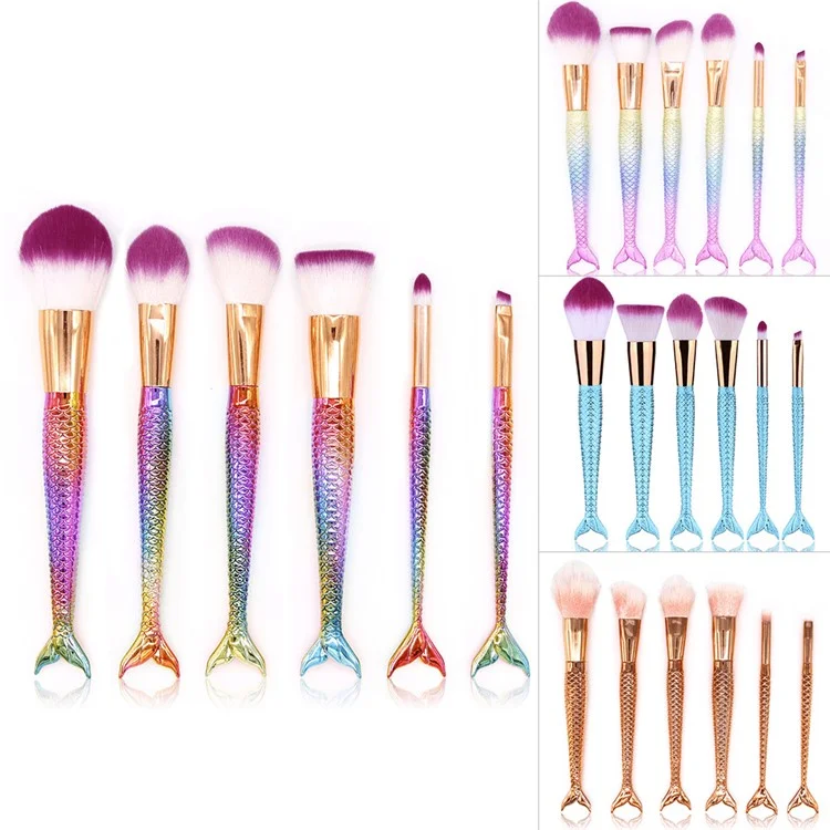 6Pcs Mermaid Cosmetic Brush Set Foundation Blending Blush Eyeliner Face Powder Brush Beauty Tools - Mixture