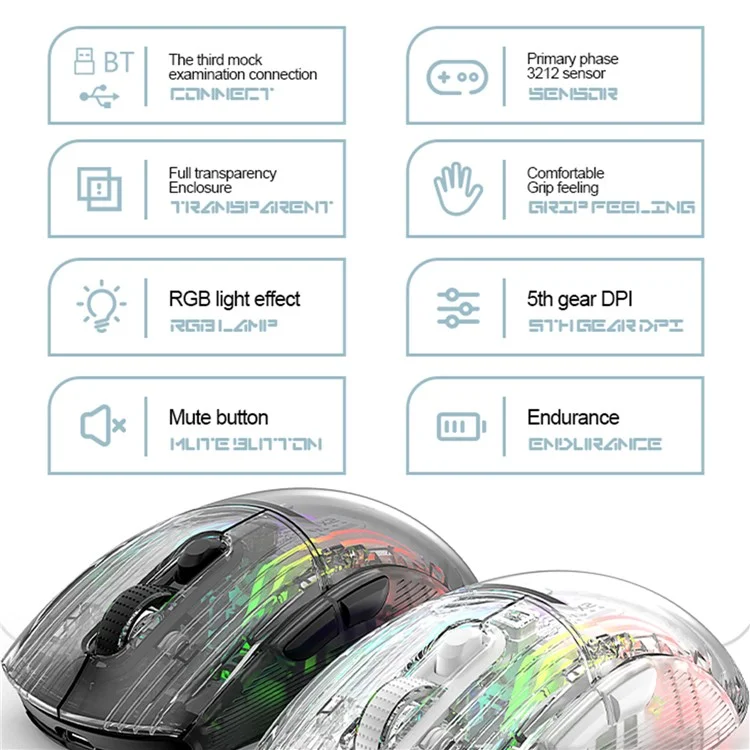 ATTACK SHARK X2 Transparent Bluetooth-compatible Mouse RGB Light Three Modes 5DPI Wireless Mouse - Black