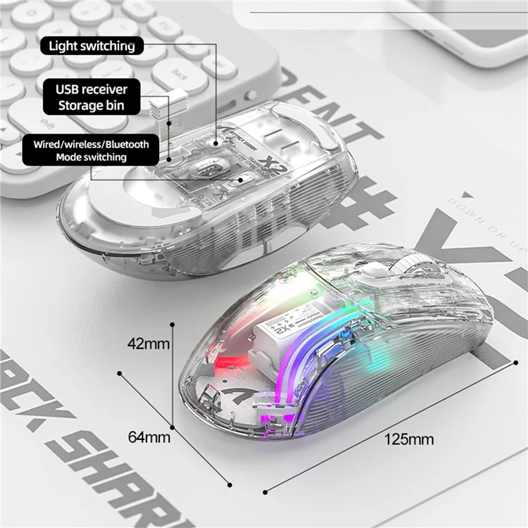 ATTACK SHARK X2 Transparent Bluetooth-compatible Mouse RGB Light Three Modes 5DPI Wireless Mouse - Black
