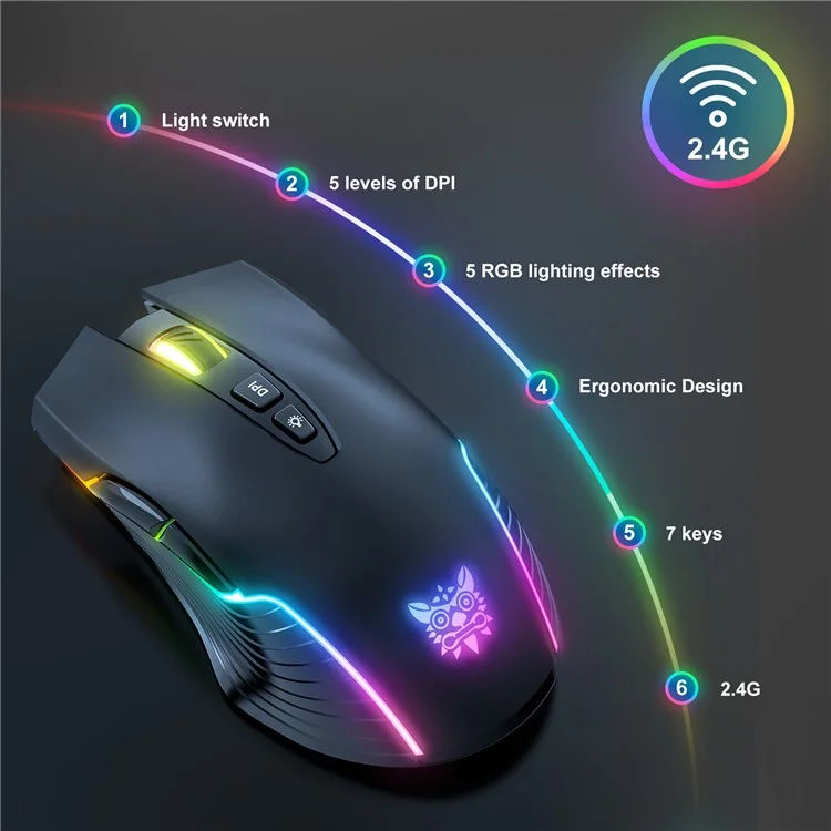 ONIKUMA CW905 Ratón inalámbrico recargable de 2.4 G para juegos con luz RGB, ratón de ordenador - Negro