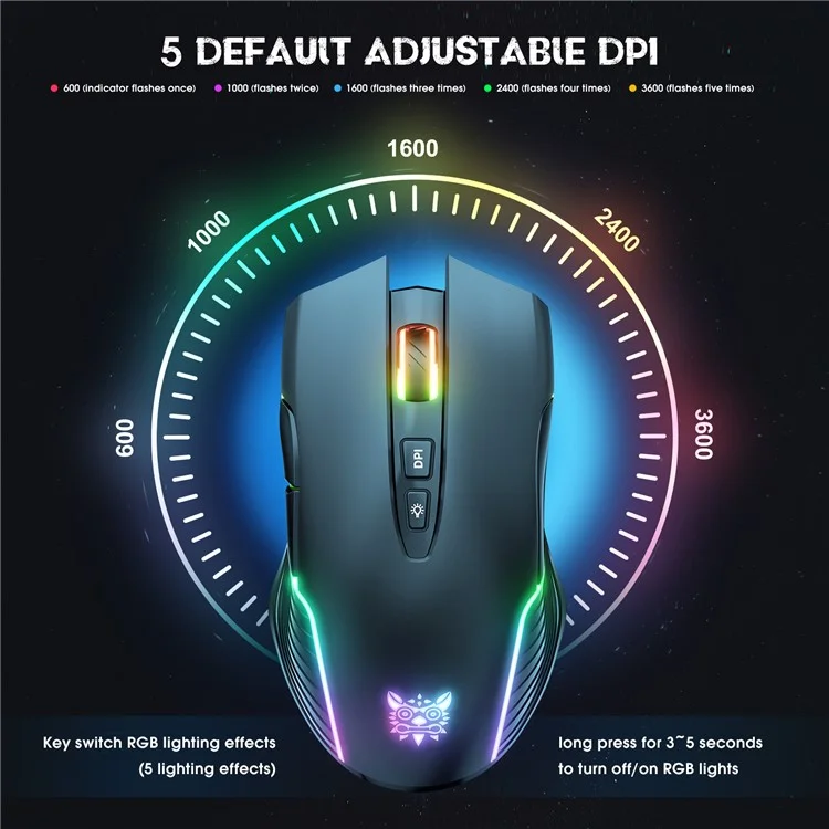 ONIKUMA CW905 Ratón inalámbrico recargable de 2.4 G para juegos con luz RGB, ratón de ordenador - Negro