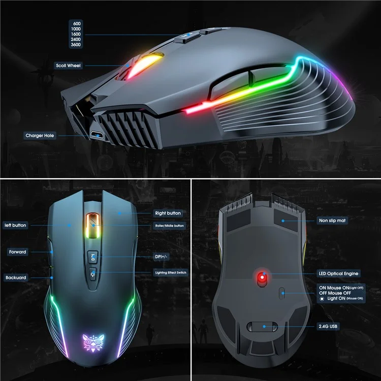 ONIKUMA CW905 Ratón inalámbrico recargable de 2.4 G para juegos con luz RGB, ratón de ordenador - Negro