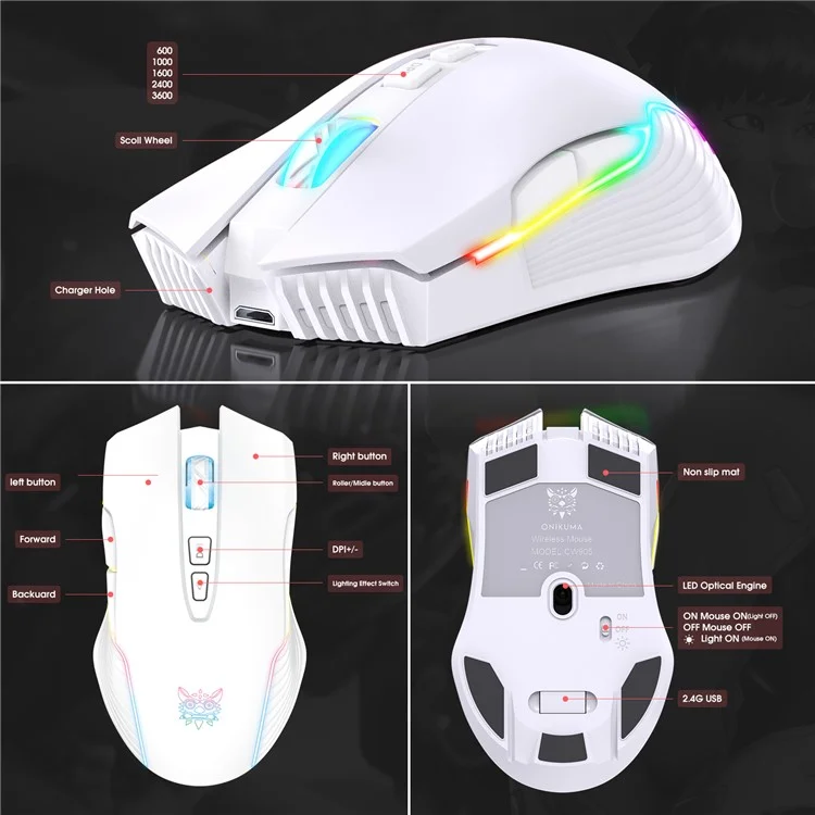 ONIKUMA CW905 Rechargeable 2.4G Wireless Gaming Mouse RGB Light Computer Mice - White