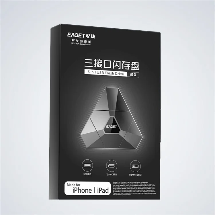 EAGET I90 USB / 8-Pin / Type-C 3-em-1 512GB U-Disk Computador Laptop Telefone Unidade Flash