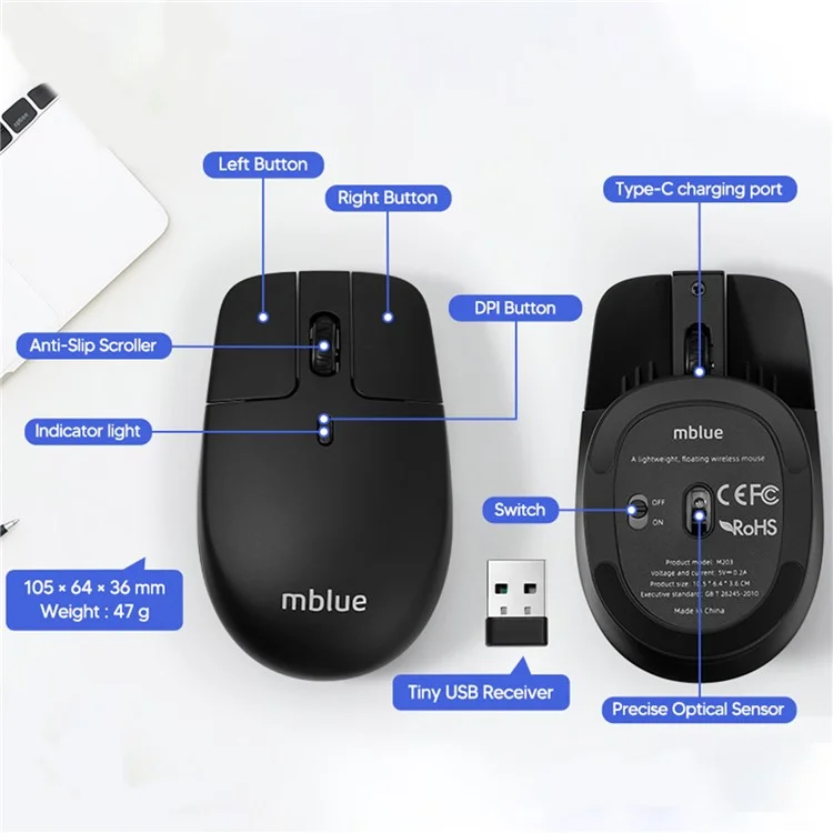 MBLUE M203 Rechargeable 2.4G Wireless Mouse Ergonomic Home Office Mute Mice - Black