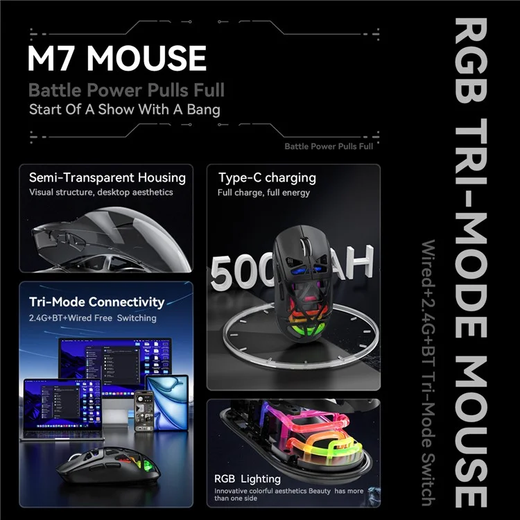 M7 Verdrahtete / Bluetooth / 2,4G Wireless Maus RGB-Licht Gaming Office Home Computer Laptop Mäuse - Schwarz