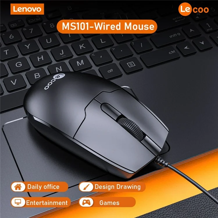 LENOVO LECOO MS101 USB Wired Optical Mouse Ergonomics Desktop Computer Laptop Mice