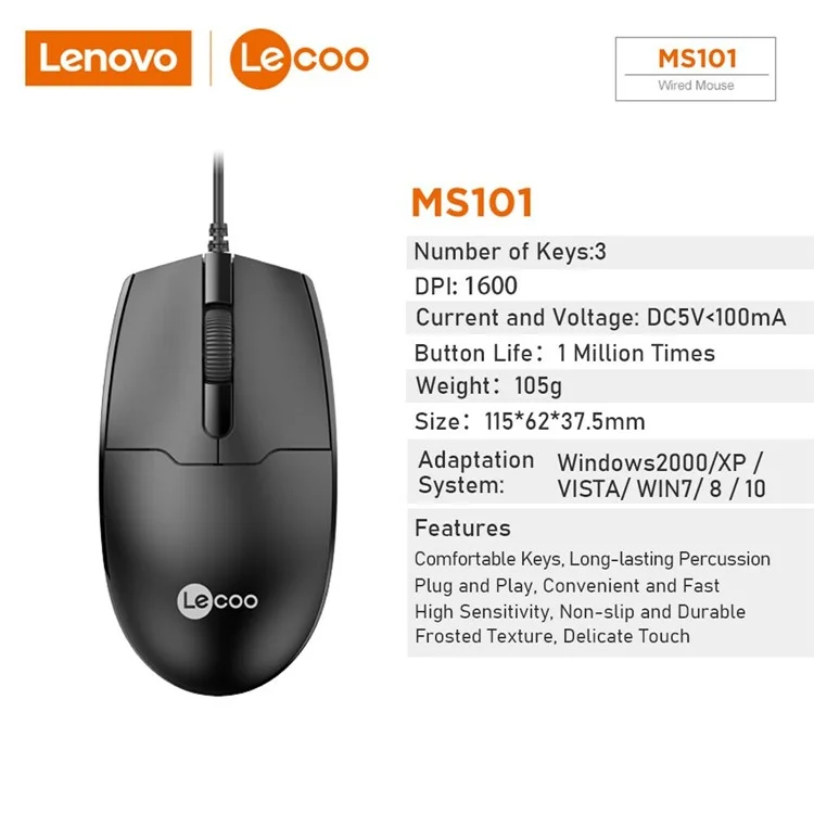 LENOVO LECOO MS101 USB Wired Optical Mouse Ergonomics Desktop Computer Laptop Mice
