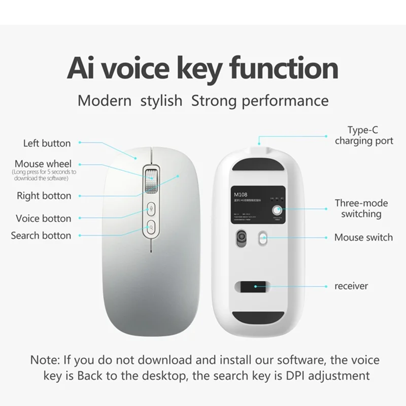 M108 AI Smart Voice Mouse 10m Wireless Rechargeable 5-Key Mouse for Windows Mac - Grey