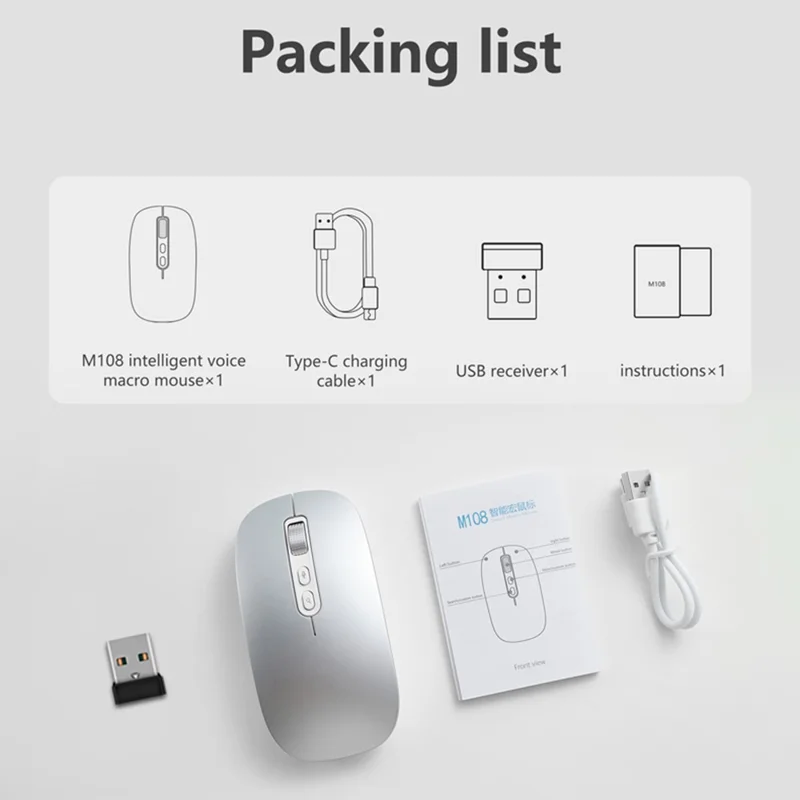 M108 AI Smart Voice Mouse 10m Wireless Rechargeable 5-Key Mouse for Windows Mac - Grey