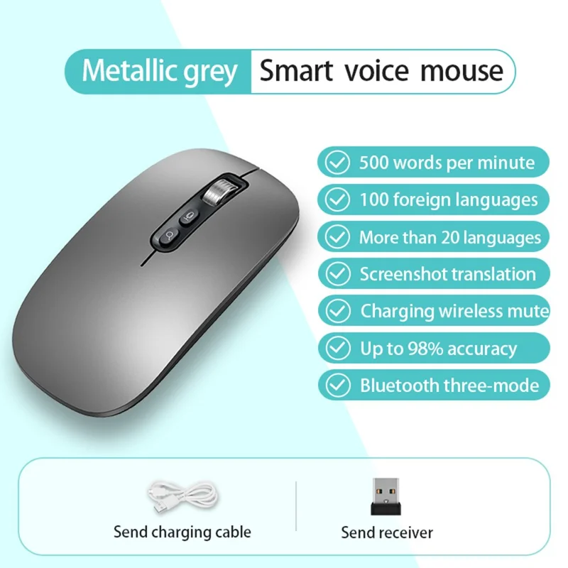 M108 AI Smart Voice Mouse 10m Wireless Rechargeable 5-Key Mouse for Windows Mac - Grey