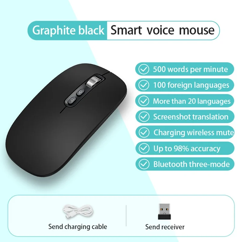 M108 AI Smart Voice Mouse 10m Wireless Rechargeable 5-Key Mouse for Windows Mac - Black