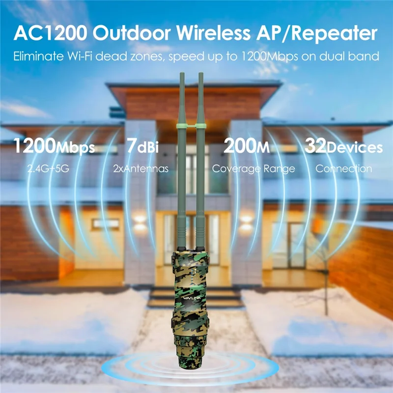 WAVLINK WN570HA2 AC1200 Dual Band Wireless Router IP67 Waterproof Outdoor WiFi Extender with PoE - US Plug