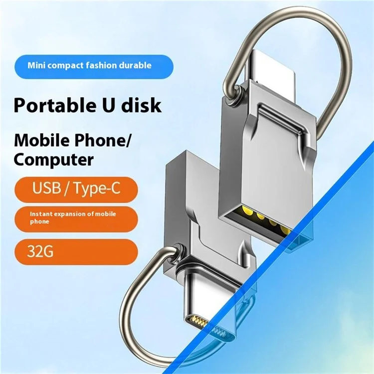 Unidad flash USB de metal de 32 GB tipo C / 2 en 1 para tableta, teléfono y ordenador, con anillo - Dorado claro