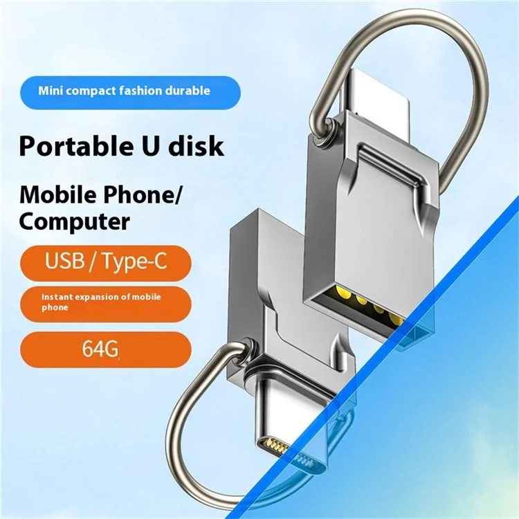 64GB Unidad flash de metal 2 en 1 Tipo-C/USB para tableta, teléfono y computadora con anillo - Oxidado