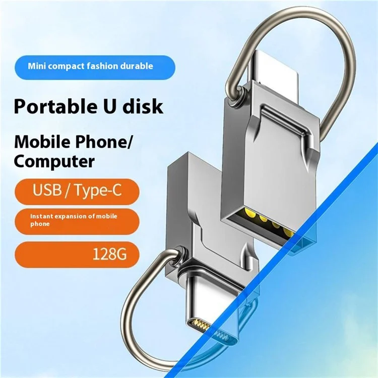 128GB Tipo-C / Unidade flash USB 2 em 1 de metal para tablet, telefone e computador com anel - Prata