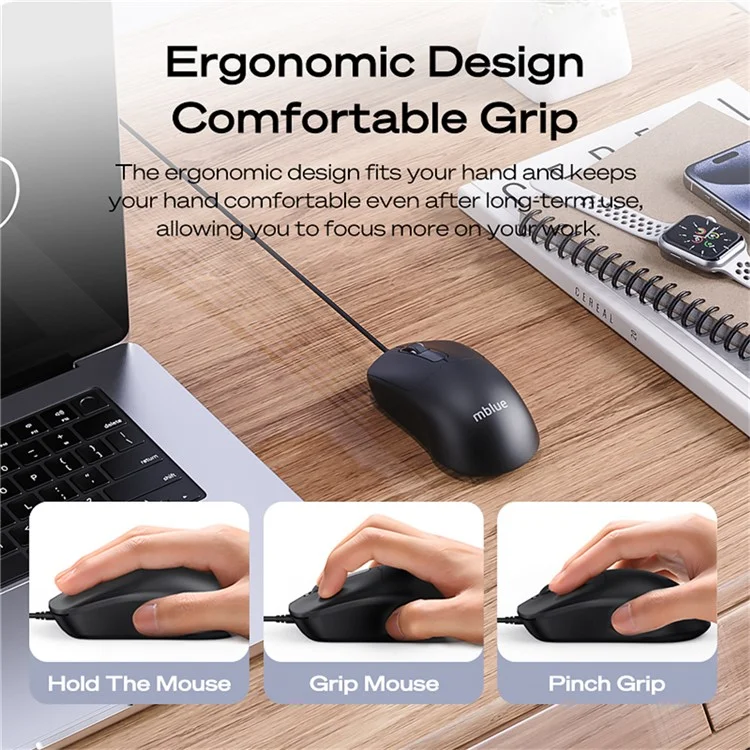 MBLUE M204 Ergonomic USB Wired Mouse 1200 DPI 3 Buttons Mouse for Laptop and PC - White