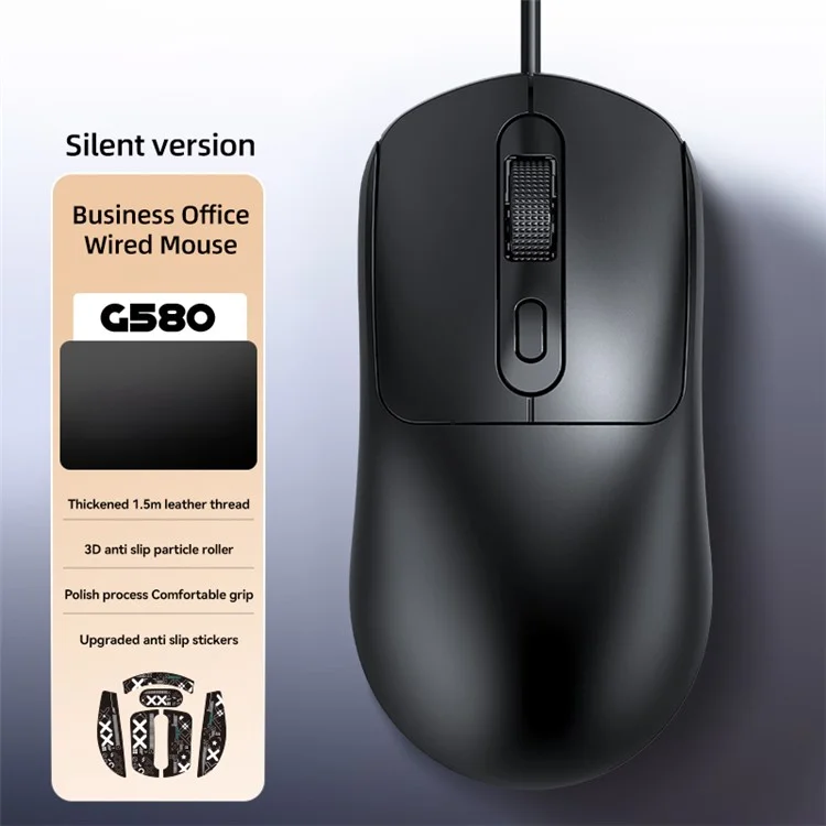 T-WOLF G580 Kabelgebundene Maus mit ergonomischem Design Büro-Maus mit 3D-Antirutsch-Gitter-Roller 1000-1600 DPI - Schwarz