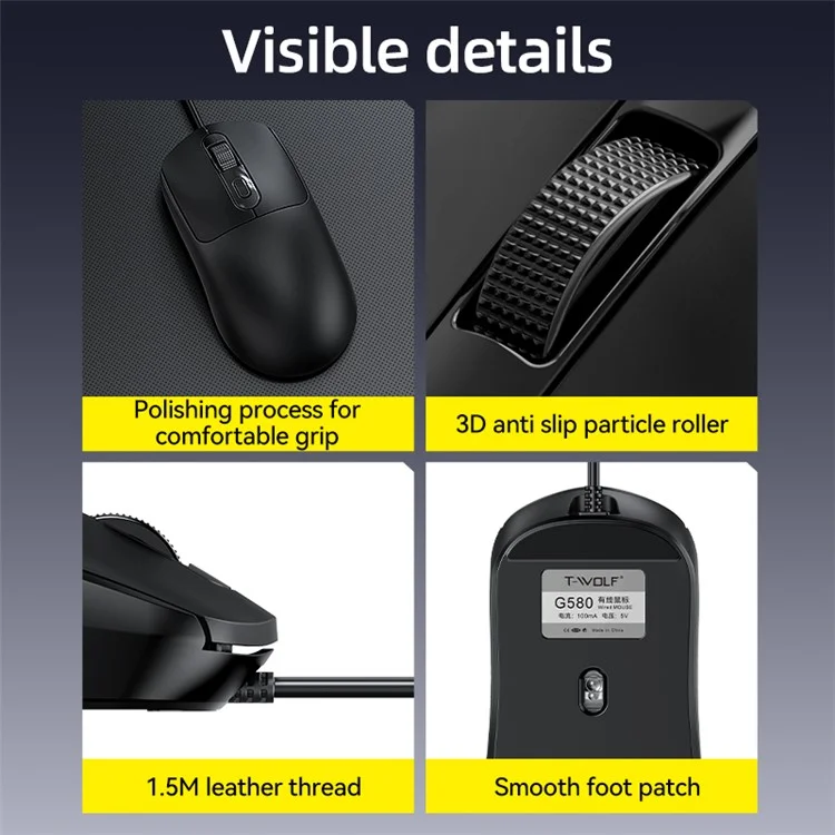 T-WOLF G580 Kabelgebundene Maus mit ergonomischem Design Büro-Maus mit 3D-Antirutsch-Gitter-Roller 1000-1600 DPI - Schwarz