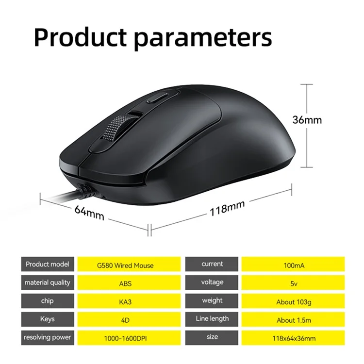 T-WOLF G580 Kabelgebundene Maus mit ergonomischem Design Büro-Maus mit 3D-Antirutsch-Gitter-Roller 1000-1600 DPI - Schwarz