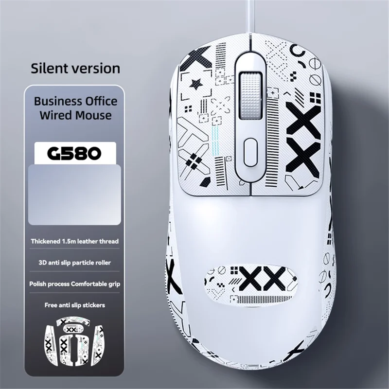 T-WOLF G580 Wired Mouse with Anti-Slip Sticker Ergonomic Design Office Mouse Support 1000-1600 DPI - White