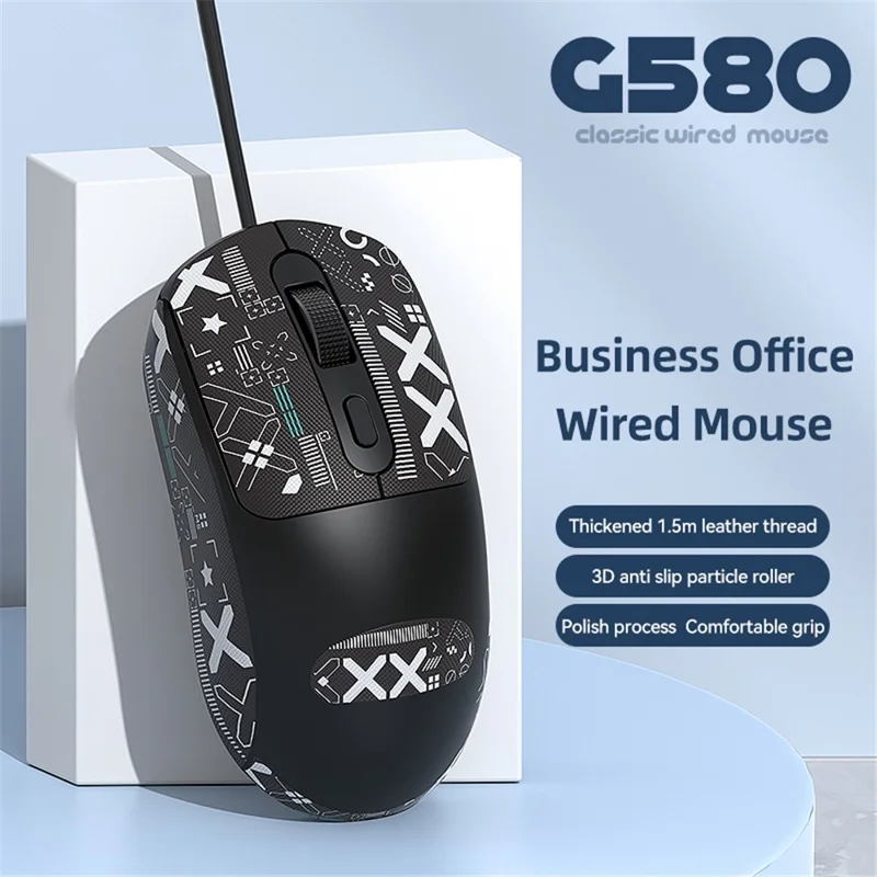 T-WOLF G580 Wired Mouse with Anti-Slip Sticker Ergonomic Design Office Mouse Support 1000-1600 DPI - White
