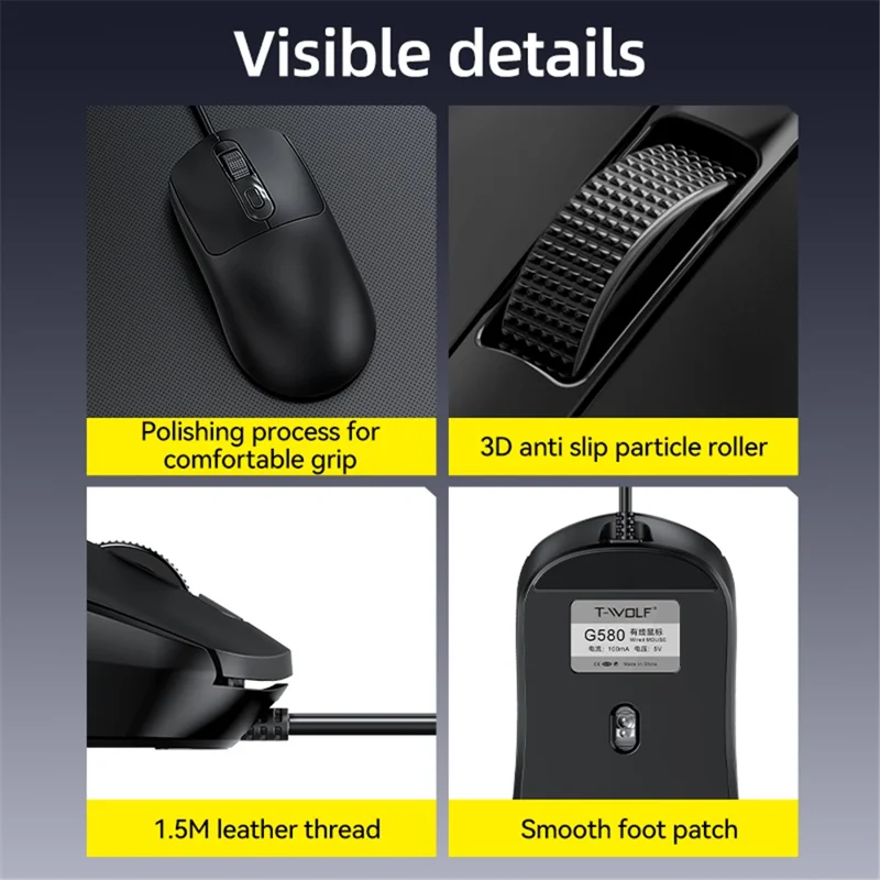 T-WOLF G580 Wired Mouse with Anti-Slip Sticker Ergonomic Design Office Mouse Support 1000-1600 DPI - White