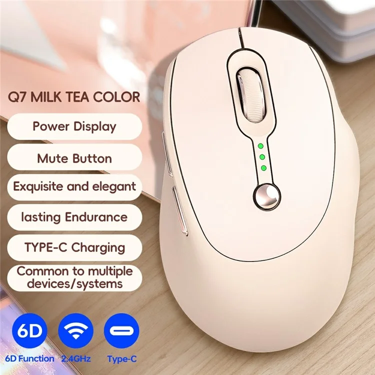 T-WOLF Q7 6 Boutons Souris sans fil 2.4G 800 / 1200 / 1600 DPI Souris ergonomique avec indicateur de batterie