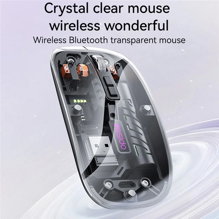 YESIDO KB29 Transparent Mouse 800 / 1200 / 1600 DPI 2.4G + Bluetooth-Compatible Dual Mode Wireless Mice - Black