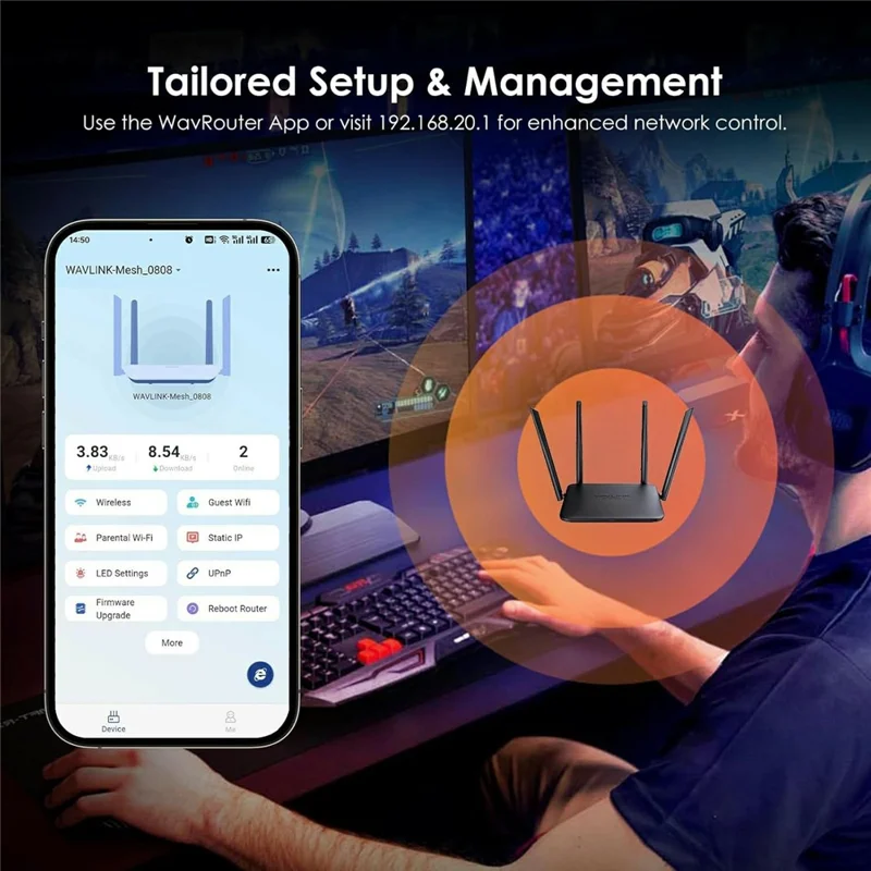 WAVLINK WN530BE1 2.4GHz / 5GHz Dual-Band Gaming Router Gigabit Ports Mesh / AP / Repeater Mode High-Speed WiFi Router - UK Plug