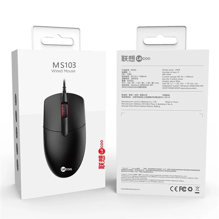 LECOO MS103 USB Wired Mouse for Notebook / Desktop Computer Plug and Play 3 Buttons 1000 DPI Mice