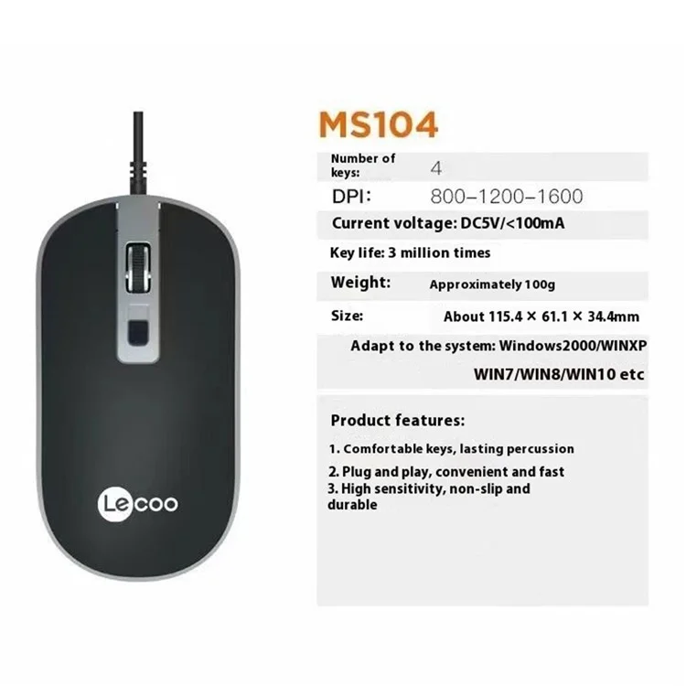 LECOO MS104 For Notebook Desktop PC USB Wired Mouse 4 Buttons 1600 DPI Plug and Play Ergonomic Mice