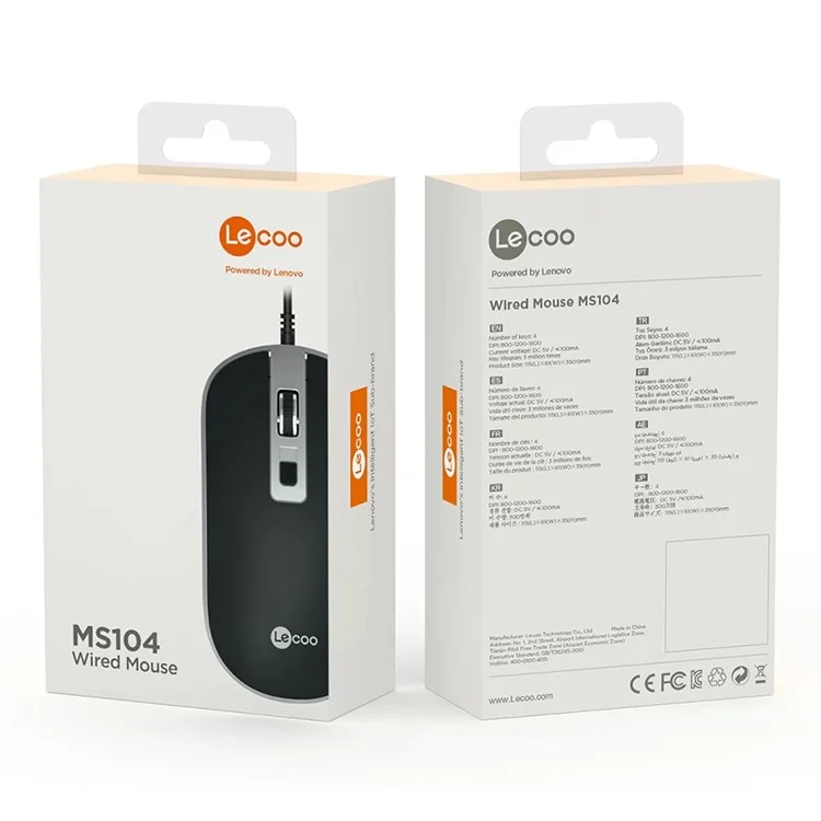 LECOO MS104 For Notebook Desktop PC USB Wired Mouse 4 Buttons 1600 DPI Plug and Play Ergonomic Mice