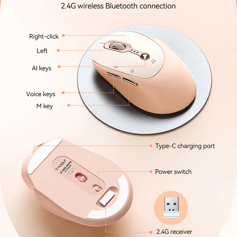 T-WOLF M7 KI-Sprach-Maus Intelligente Mehrsprachige Übersetzungs-Maus mit Dual-Modus Bluetooth-Kompatibel Kabellos - Milchtee