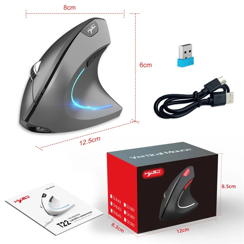 HXSJ Ergonomic Vertical Mouse 2.4G + Bluetooth-Compatible 5.1 Dual Mode 2400DPI Silent Mouse - Grey