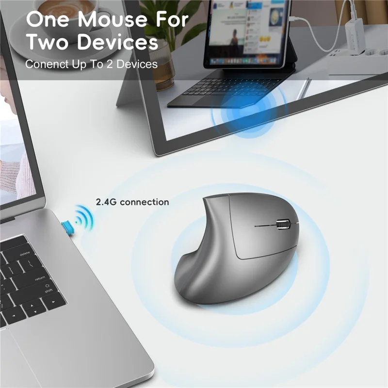 HXSJ Ergonomic Vertical Mouse 2.4G + Bluetooth-Compatible 5.1 Dual Mode 2400DPI Silent Mouse - Grey
