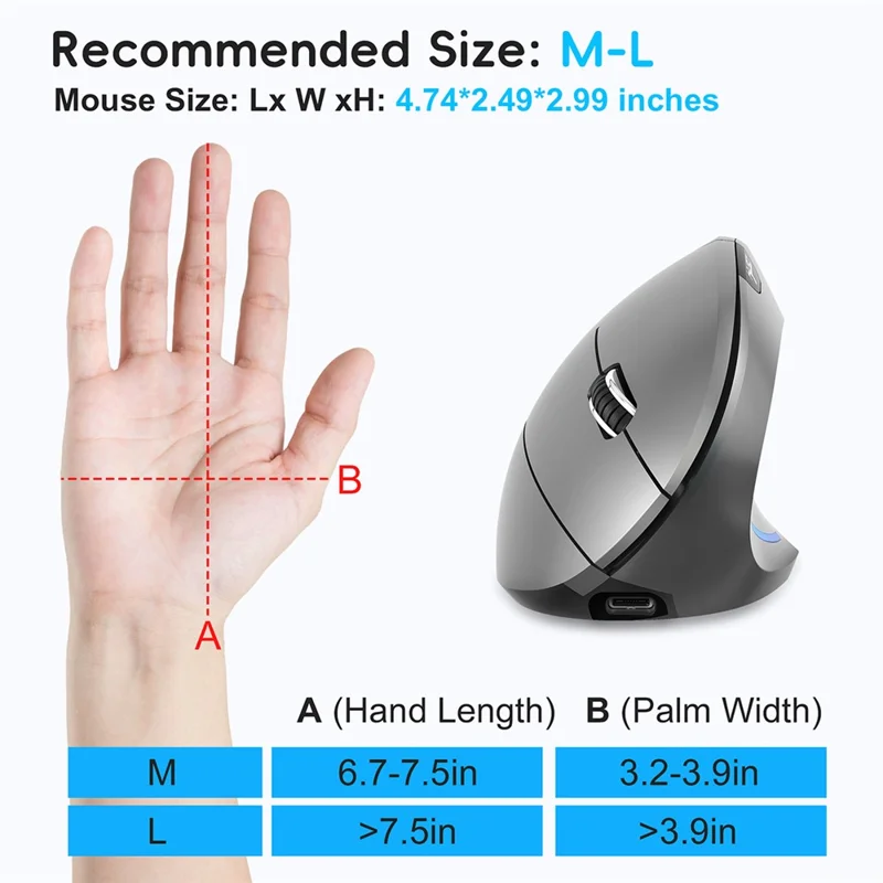 HXSJ Ergonomic Vertical Mouse 2.4G + Bluetooth-Compatible 5.1 Dual Mode 2400DPI Silent Mouse - Grey