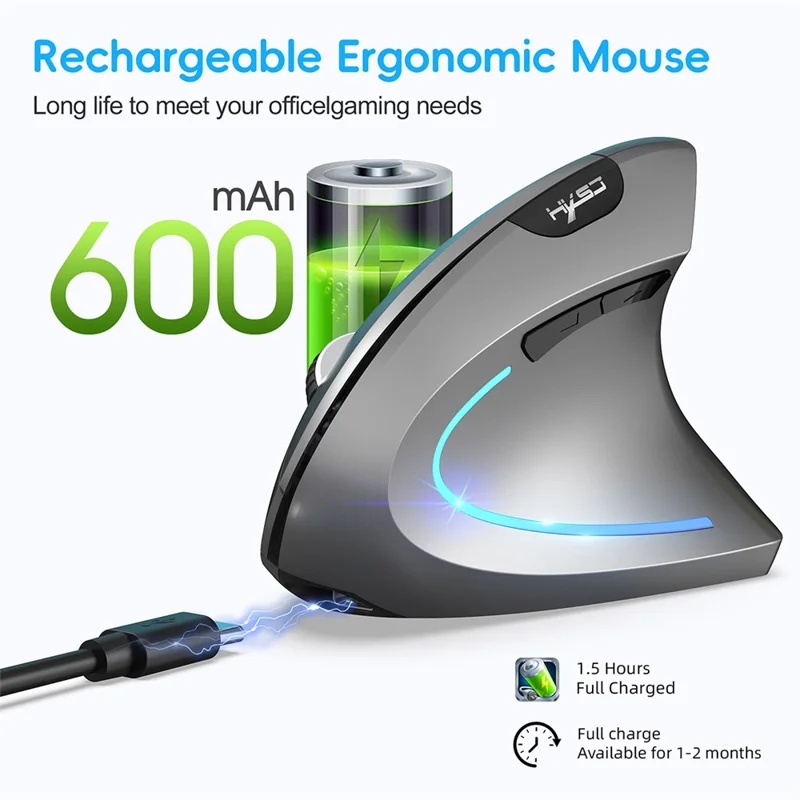 HXSJ Ergonomic Vertical Mouse 2.4G + Bluetooth-Compatible 5.1 Dual Mode 2400DPI Silent Mouse - Grey