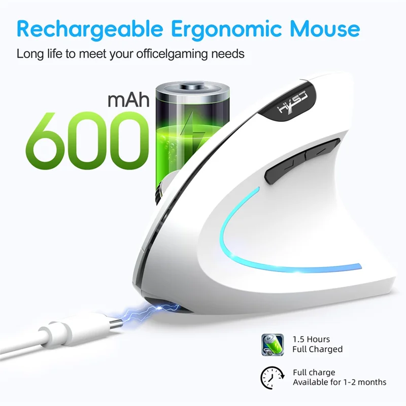 HXSJ Ergonomischer vertikaler Maus 2.4G + Bluetooth-kompatibel 5.1 Dual-Modus 2400DPI Lautlos Maus - Weiß