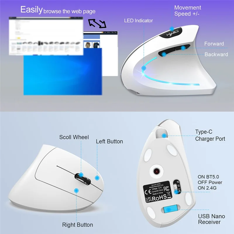 HXSJ Ergonomischer vertikaler Maus 2.4G + Bluetooth-kompatibel 5.1 Dual-Modus 2400DPI Lautlos Maus - Weiß