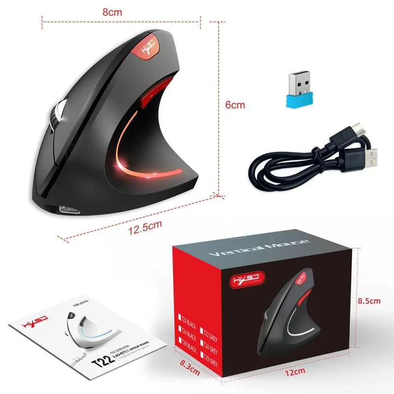 HXSJ Ergonomische Vertikalmaus 2.4G + Bluetooth-kompatibel 5.1 Dualmodus 2400DPI Leise Maus - Schwarz