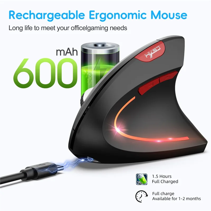 HXSJ Ergonomische Vertikalmaus 2.4G + Bluetooth-kompatibel 5.1 Dualmodus 2400DPI Leise Maus - Schwarz