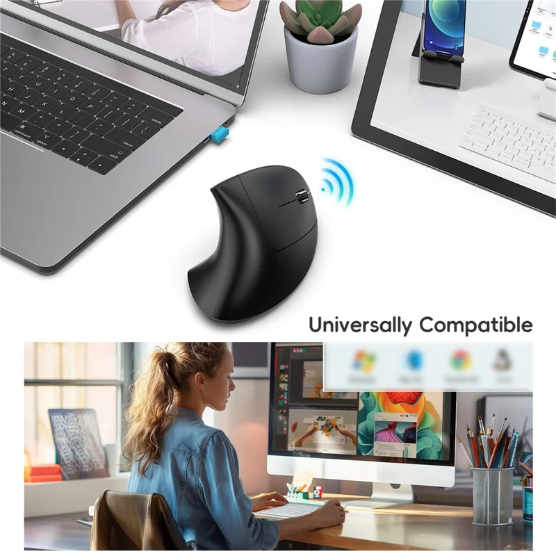 HXSJ Ergonomische Vertikalmaus 2.4G + Bluetooth-kompatibel 5.1 Dualmodus 2400DPI Leise Maus - Schwarz