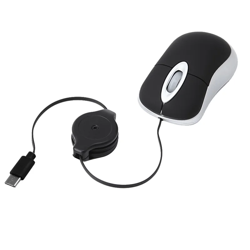 Portable Retractable USB-C Cable Mini Mouse Children Compact Wired Optical Mouse - Black