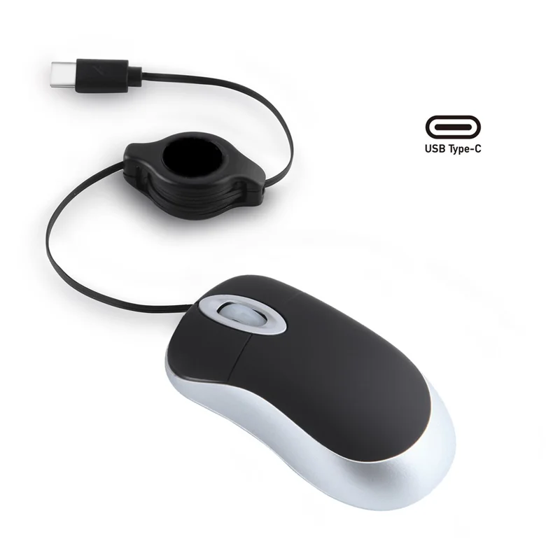 Portable Retractable USB-C Cable Mini Mouse Children Compact Wired Optical Mouse - Black