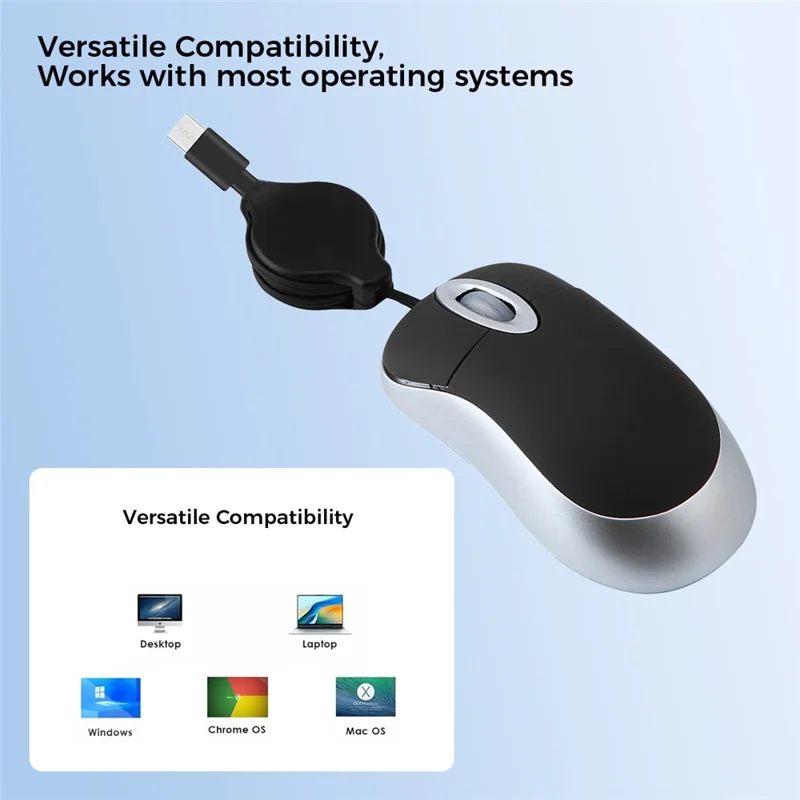 Portable Retractable USB-C Cable Mini Mouse Children Compact Wired Optical Mouse - Black