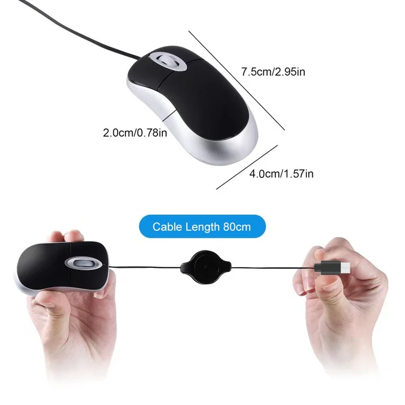 Portable Retractable USB-C Cable Mini Mouse Children Compact Wired Optical Mouse - Black